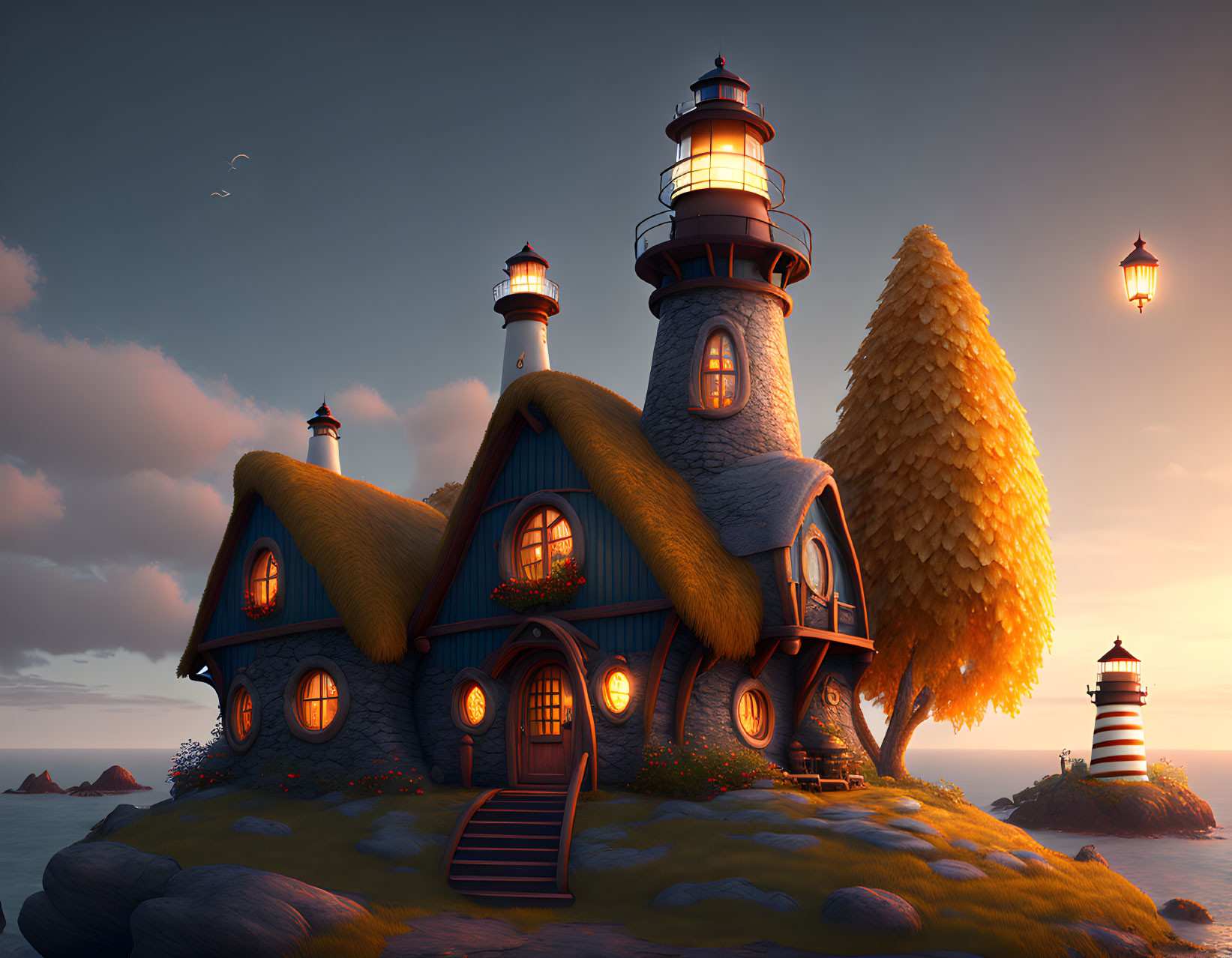 Whimsical artwork of cozy cottage with lighthouse features