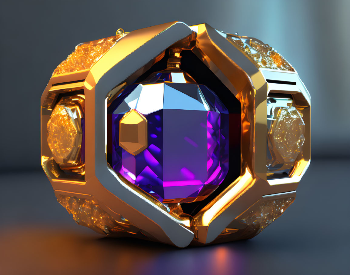 Golden 3D rendering with purple crystal and diamond shapes