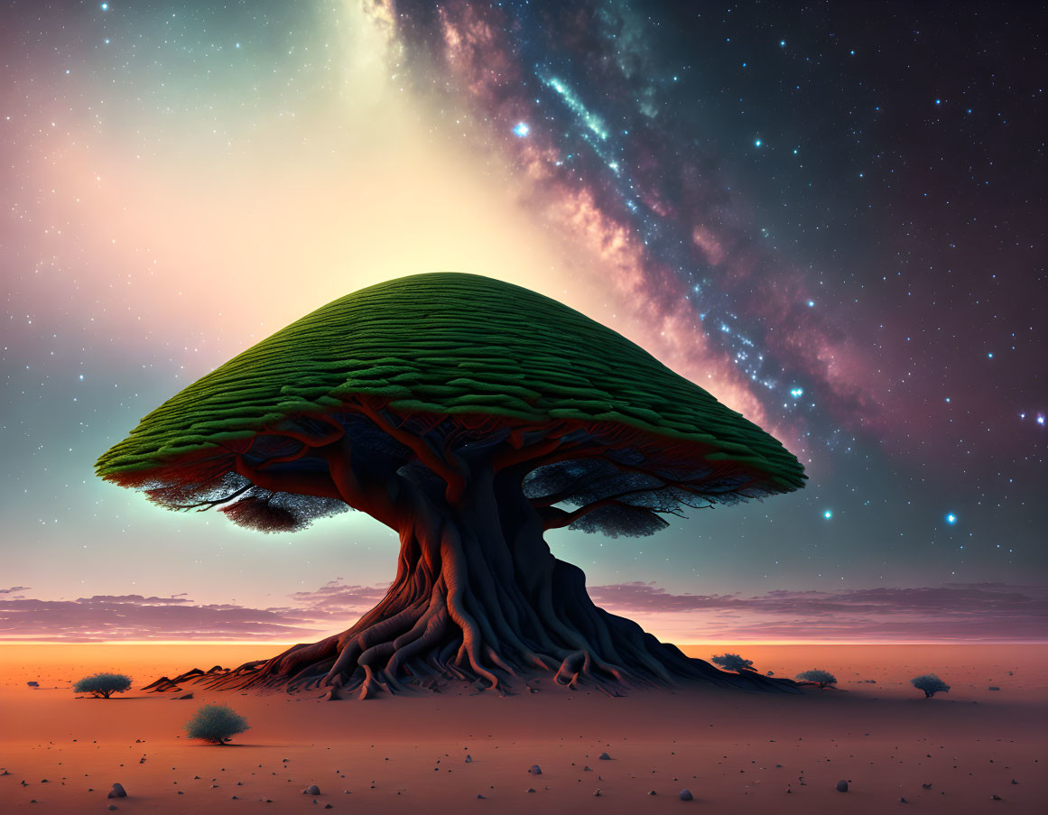 Massive tree with mushroom-like canopy under starry sky in desert twilight