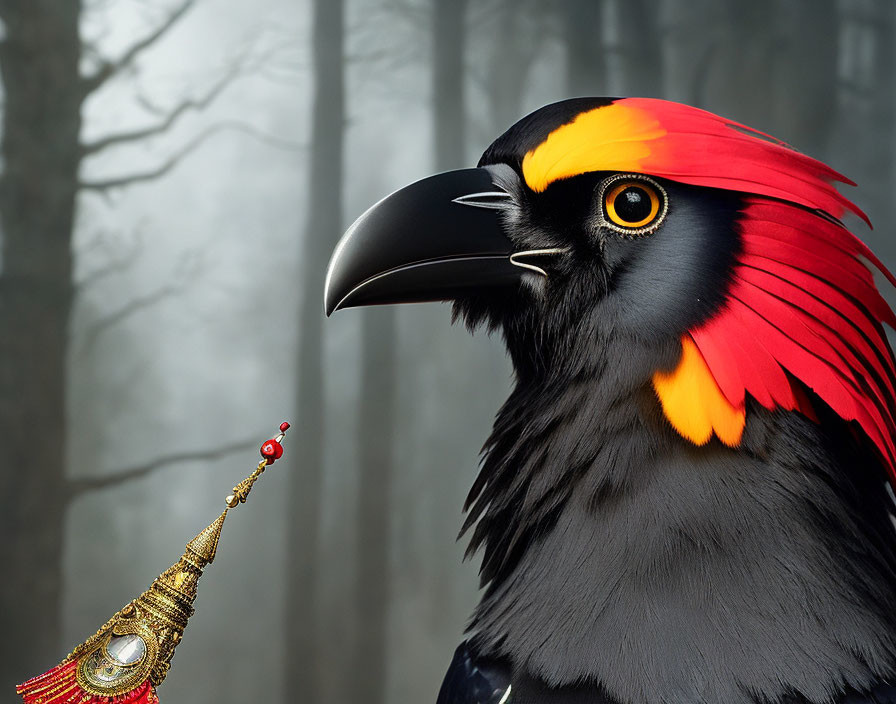 Surreal image of black bird with red and yellow crest and golden crown in misty forest