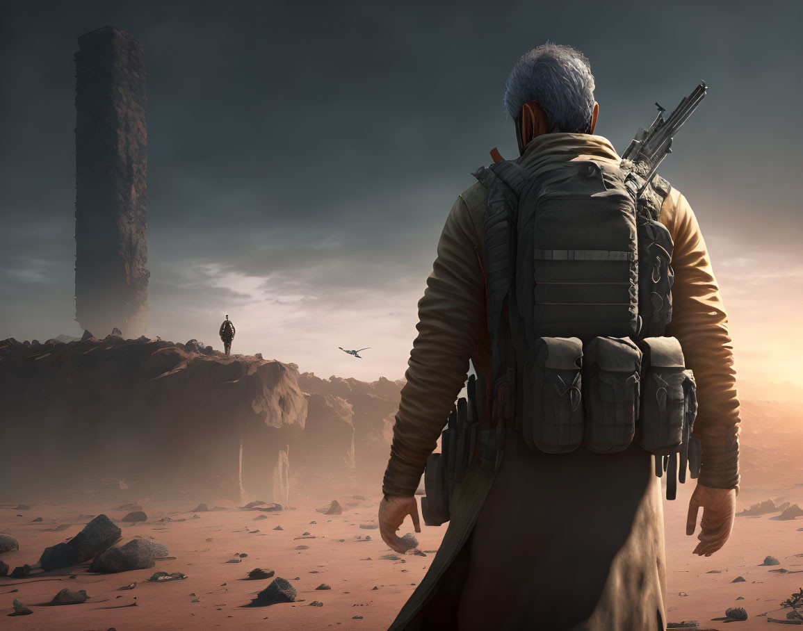 Person with backpack and rifle in desolate landscape with rocky terrain, distant figure, and dark tower under