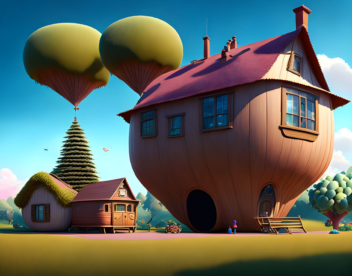 Floating balloon-topped house beside smaller house and tree in serene sky