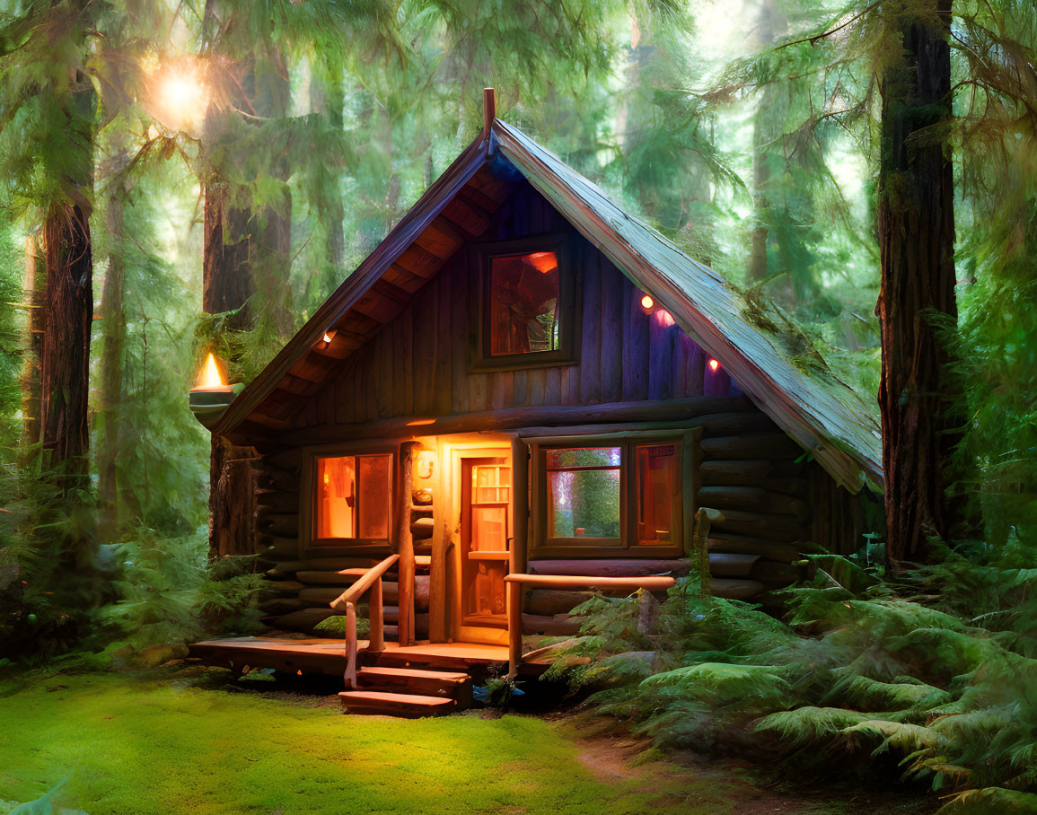 Rustic wooden cabin in lush forest with glowing interior