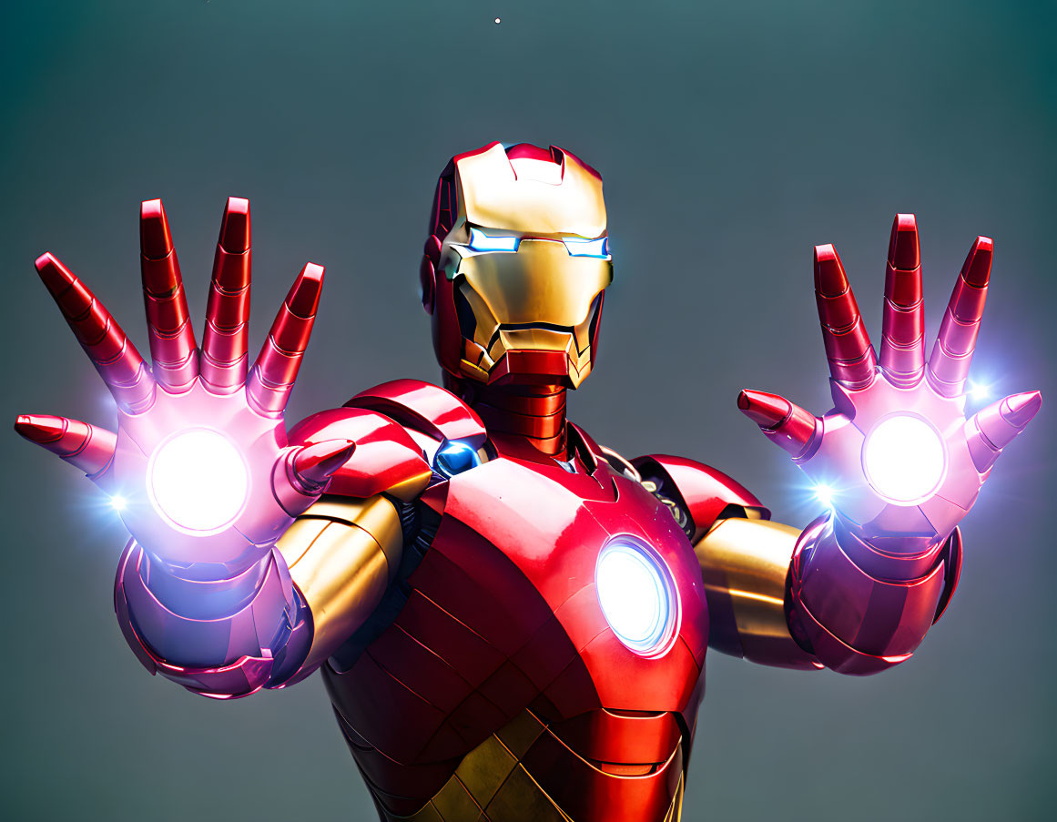 Detailed Close-Up of Red and Gold Iron Man Suit with Glowing Repulsors