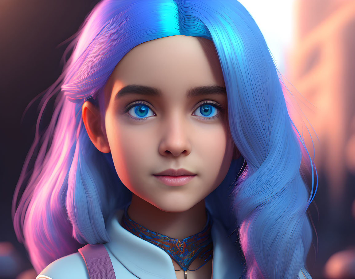 Vibrant blue-haired girl in white top and blue scarf artwork