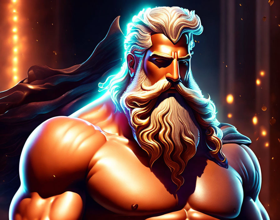 Muscular male character with white hair and beard in animated style on fiery orange background