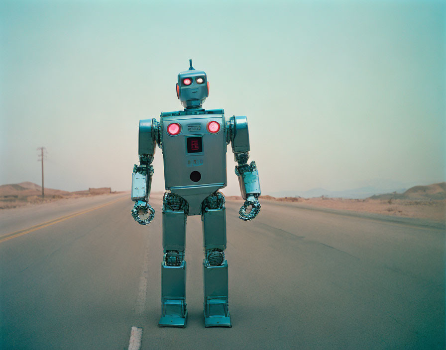 Retro-style robot on deserted road with barren landscape