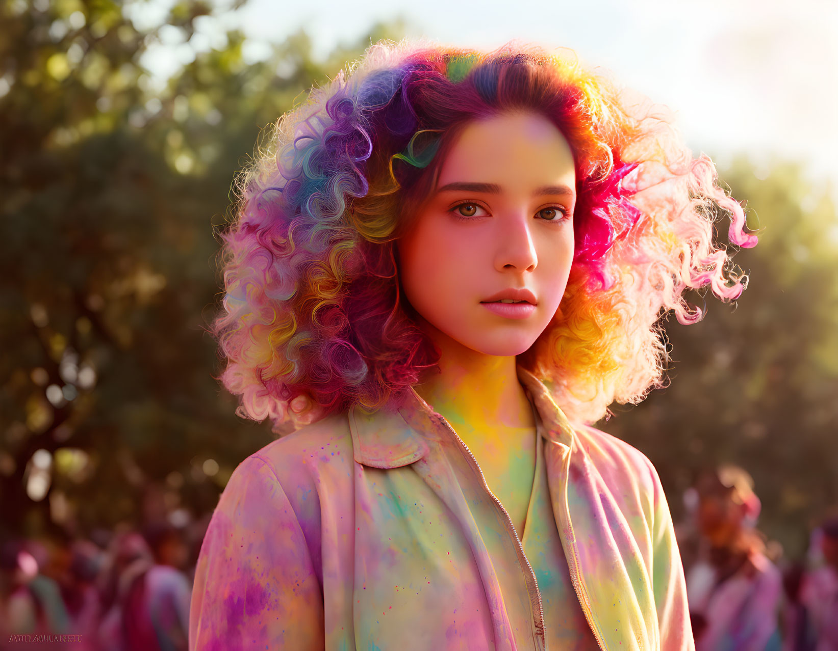 Colorful curly-haired young woman in vibrant outdoor setting.