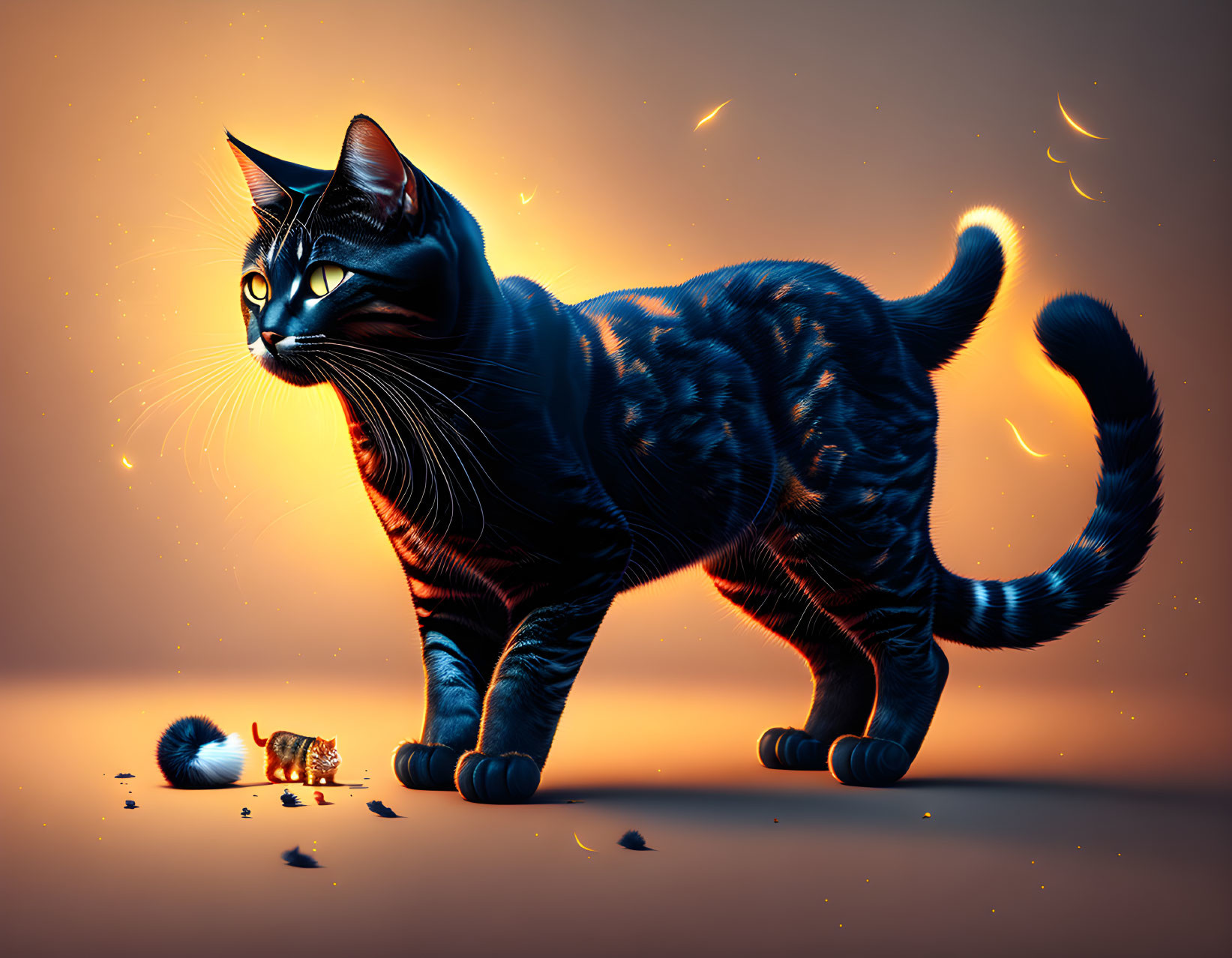 Giant cat and small tiger in ember-filled scene