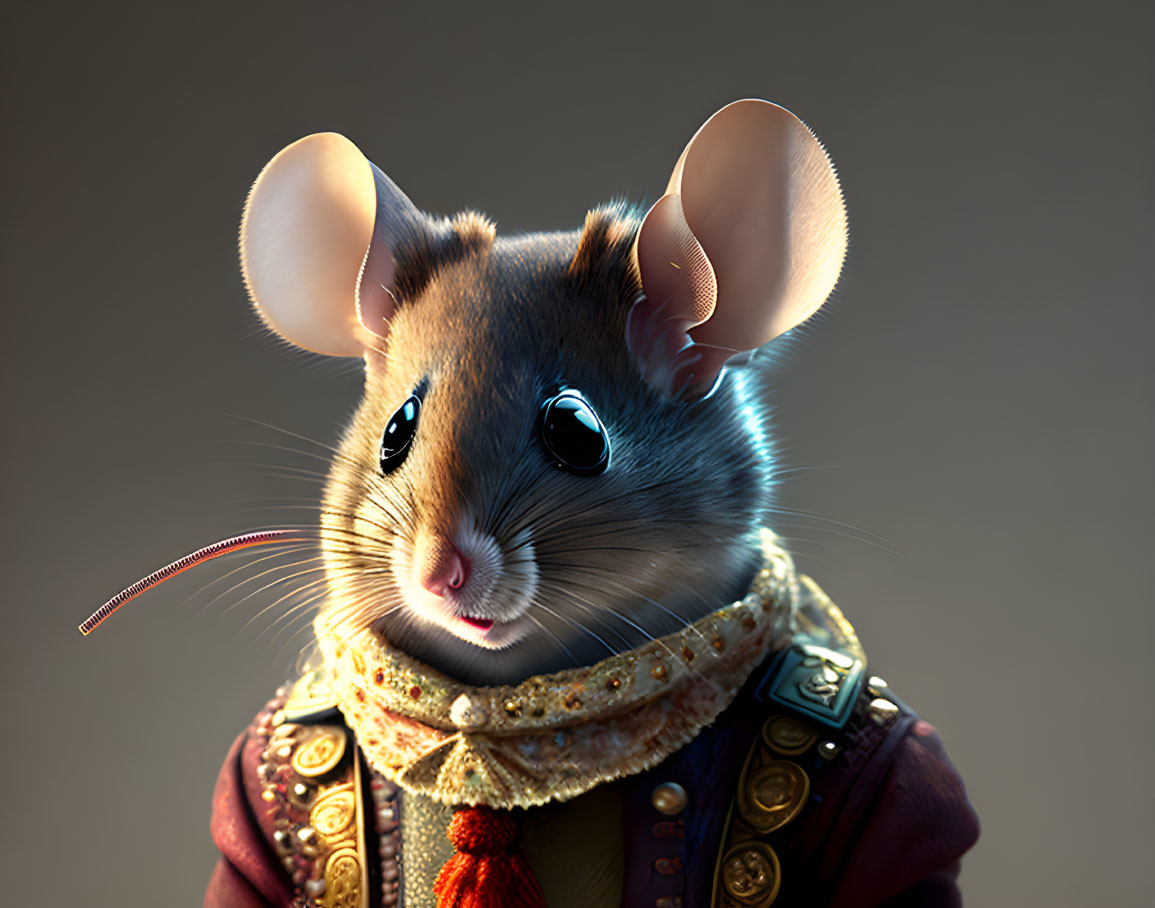 Anthropomorphic mouse in renaissance attire with blue eyes.