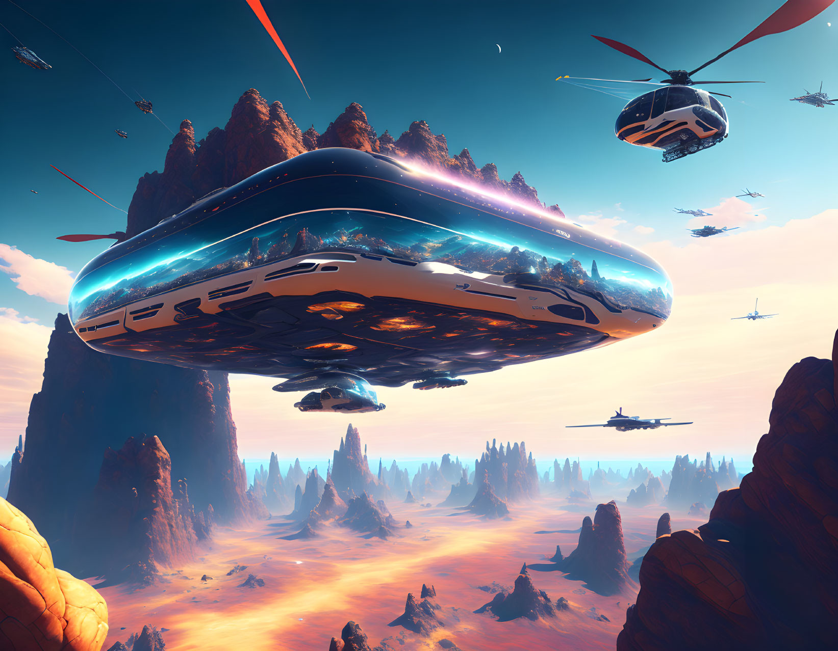 Large spaceship hovers over desert landscape with rock formations and flying crafts