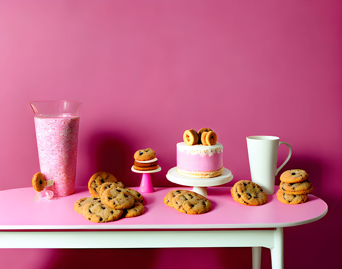 Pink-themed setup with cookies, cake, sprinkles, and mug on pink table.