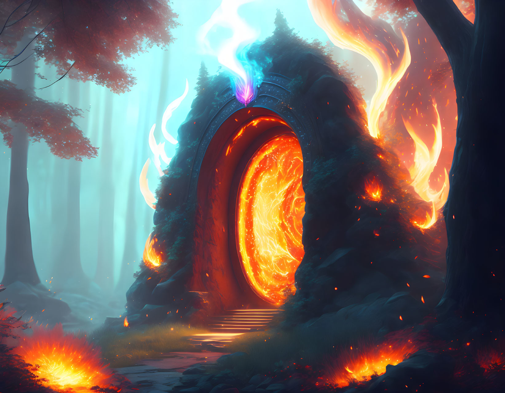 Fiery portal in lush forest with blue and orange flames