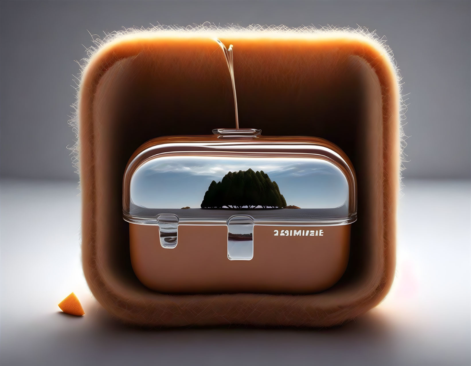 Surreal island reflection in purse on cozy orange walls