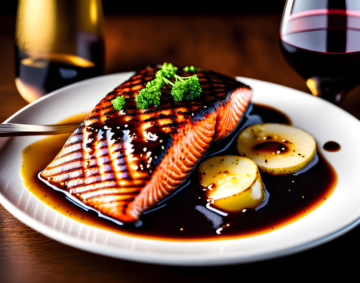 Salmon Fillet with Glaze, Parsley, Potatoes, and Red Wine on White Plate