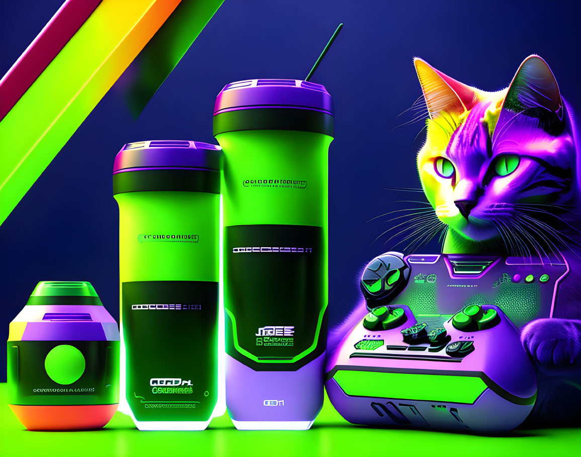 Colorful Gaming-Related Products: Green Shaker Bottle, Controller, Neon Cat