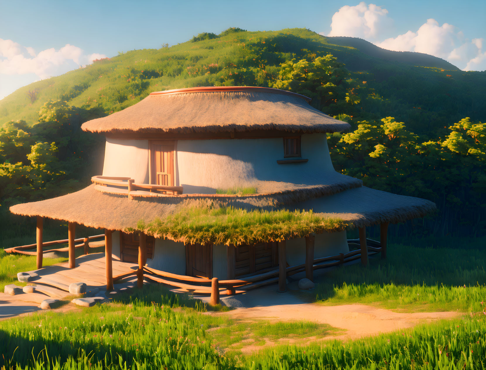 Traditional Thatched-Roof House in Serene Landscape with Green Hills and Yellow Flowers