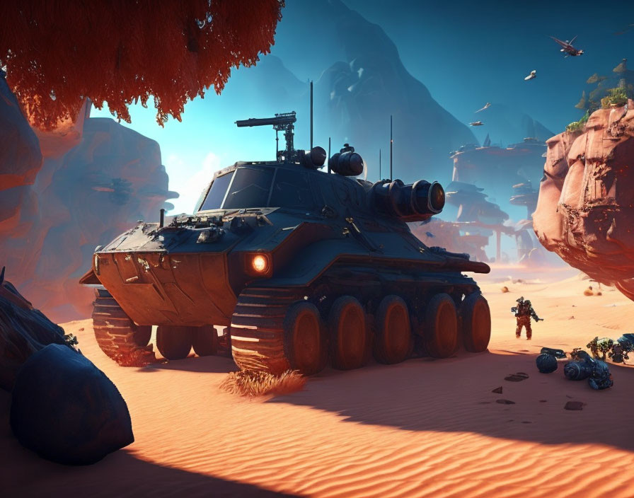 Armored tank on sandy alien planet with soldiers and flying crafts