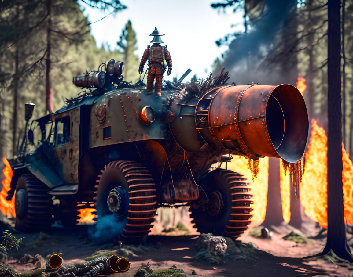 Armored vehicle with cannon in burning forest landscape