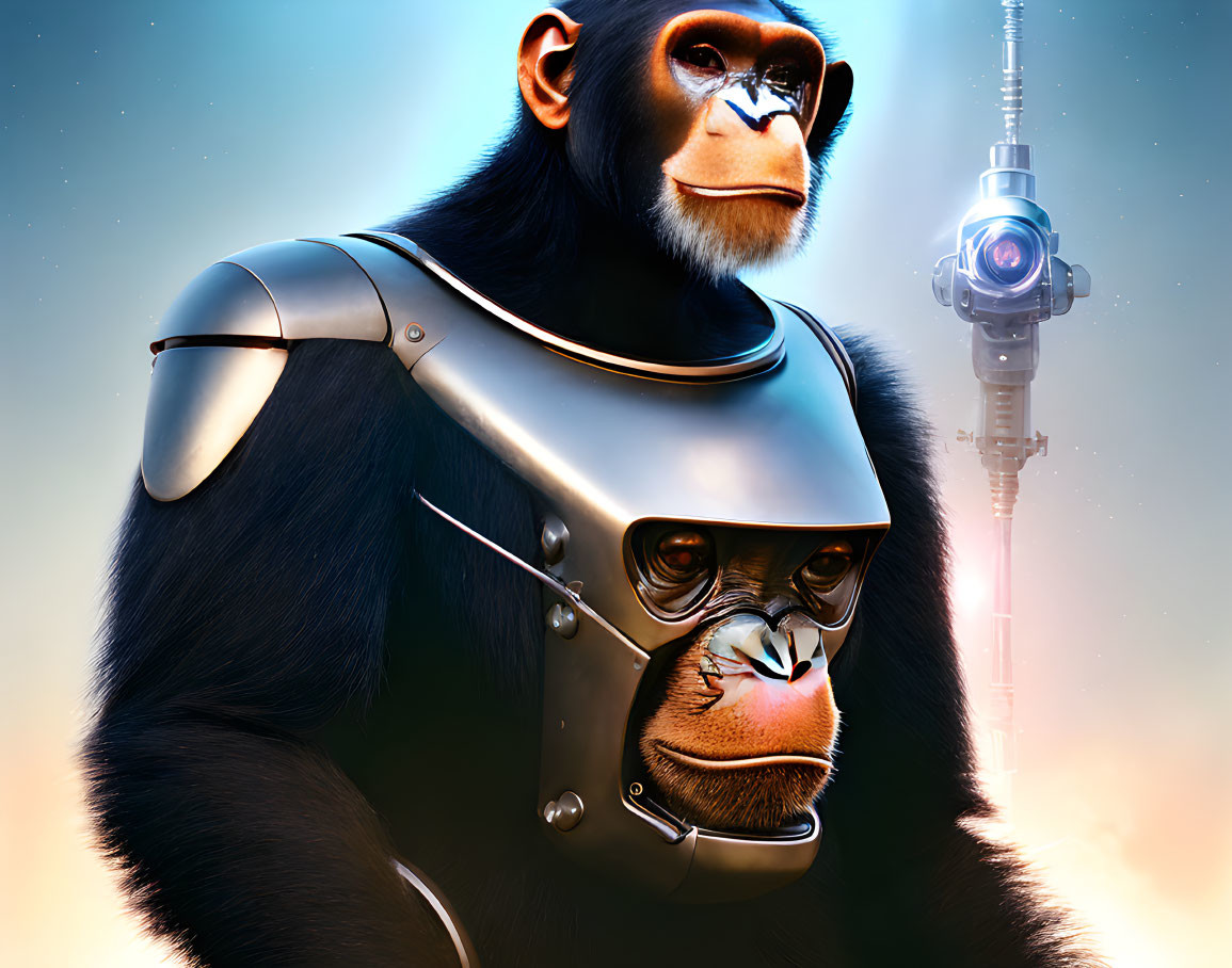 Digital artwork: Chimpanzee with cybernetic enhancements in futuristic setting