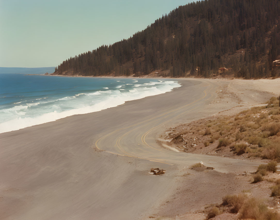 Sandy Beach with Tire Tracks, Blue Sea, Forested Hill, Clear Sky