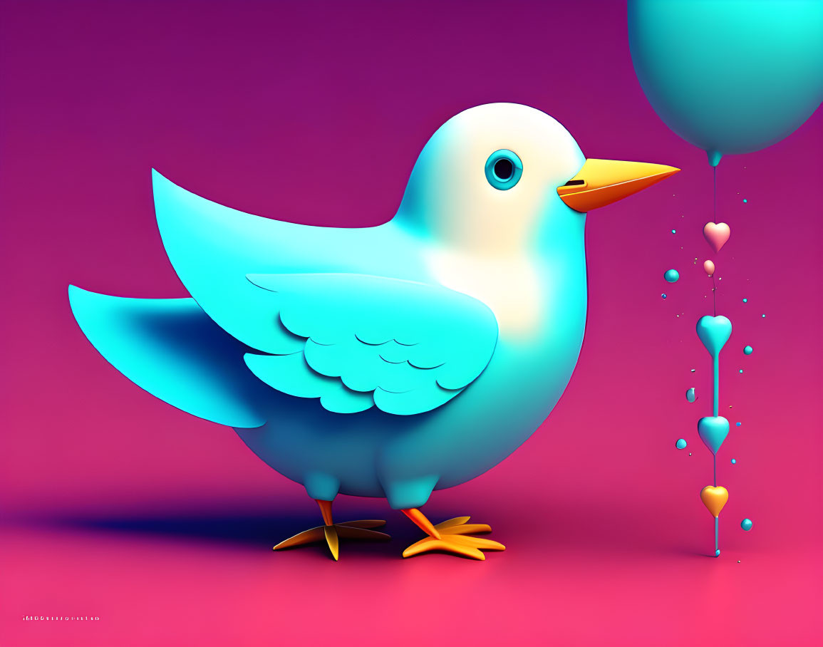 Colorful Cartoon Bird with Balloon and Hearts on Pink Background