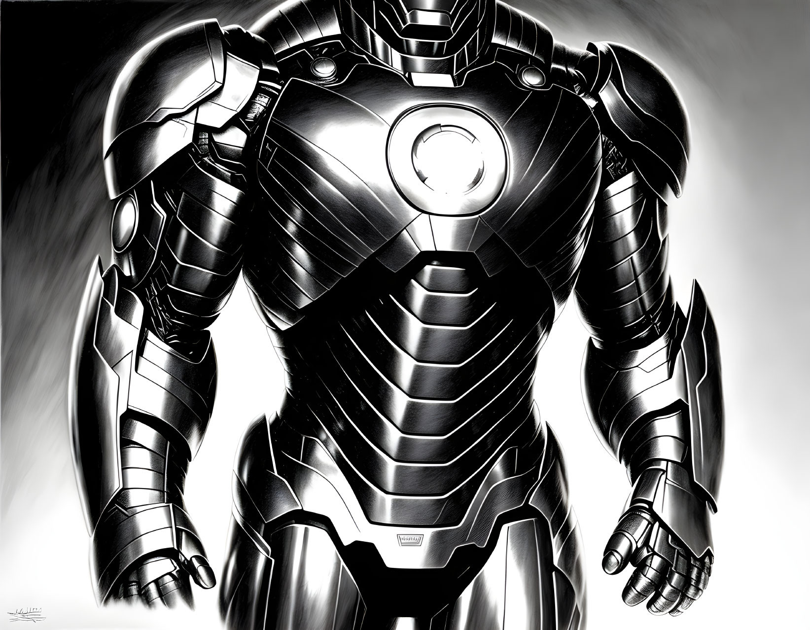 Monochromatic illustration of person in sleek armored suit