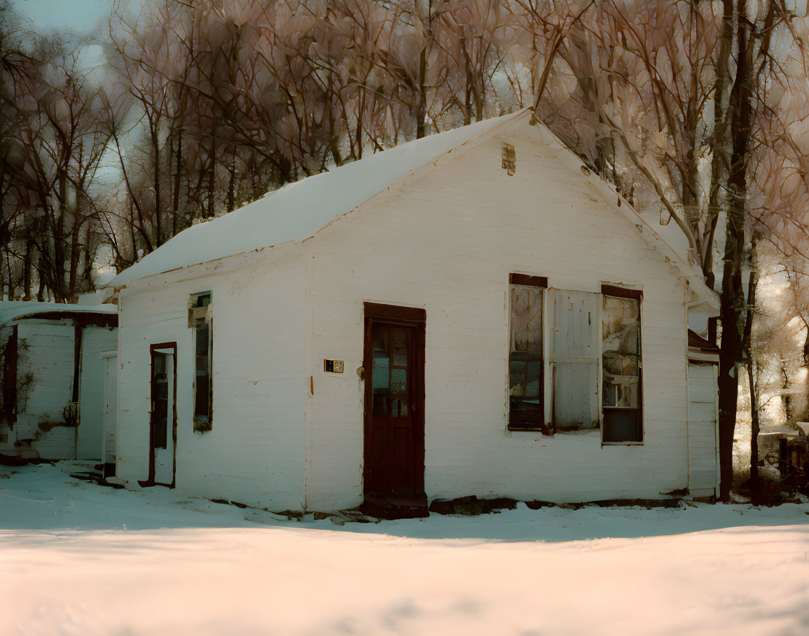 Snow-covered white house with brown door and bare trees in soft light