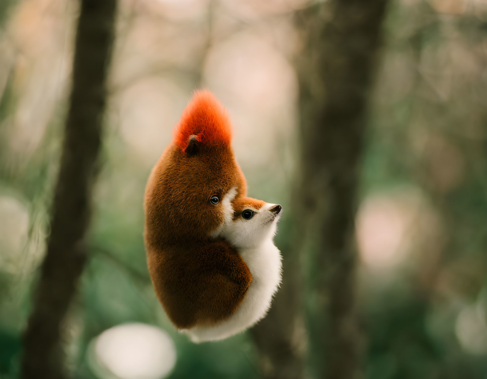 Red panda with bushy tail among forest trees in soft-focused green backdrop