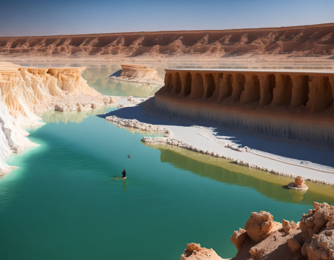 Turquoise Lake with Salt Formations and Desert Cliffs