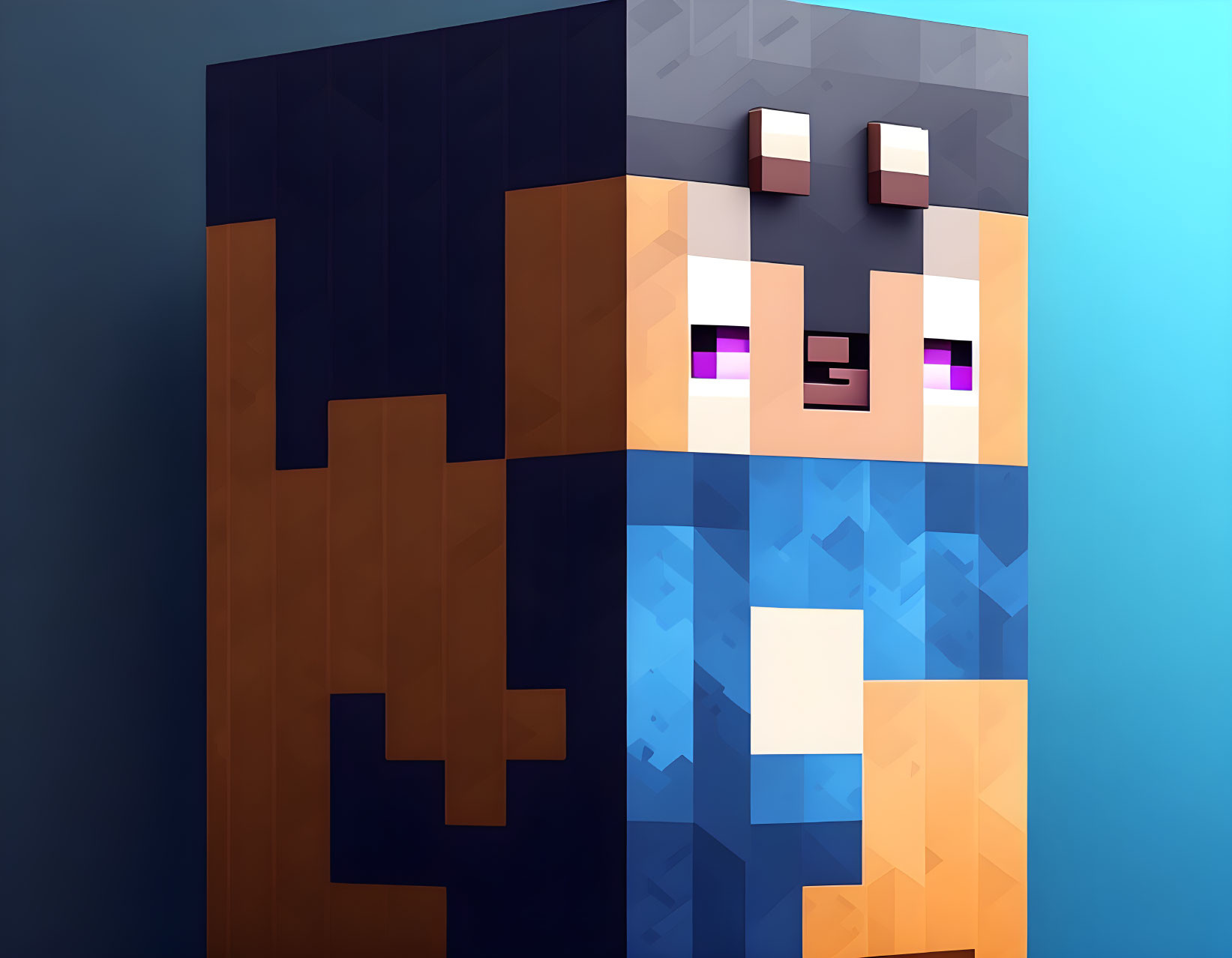 Pixelated digital artwork: Blue character with brown hair in Minecraft-style.