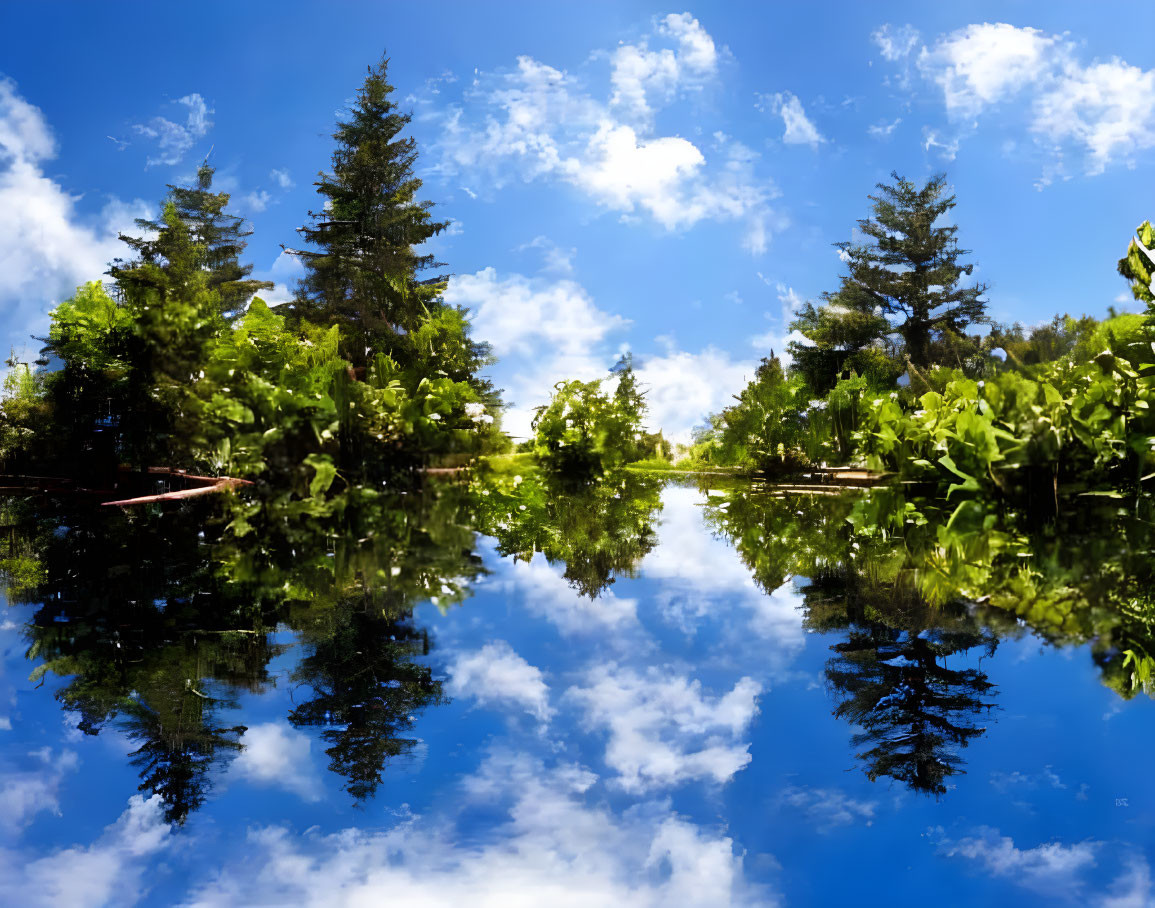 Symmetrical natural landscape with trees and clear blue sky reflected on calm water