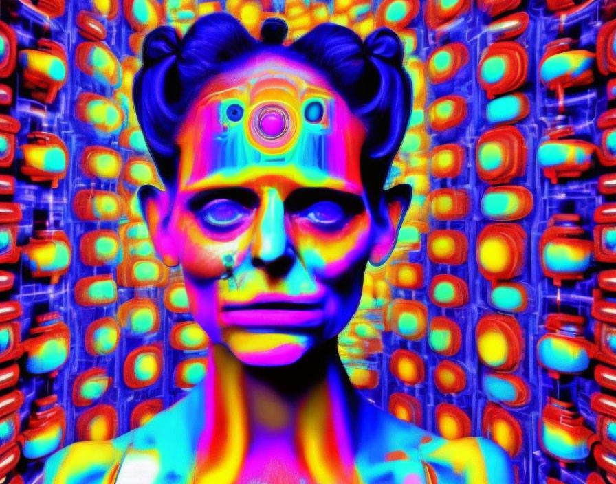 Colorful Surreal Portrait with Third Eye on Forehead and Psychedelic Background