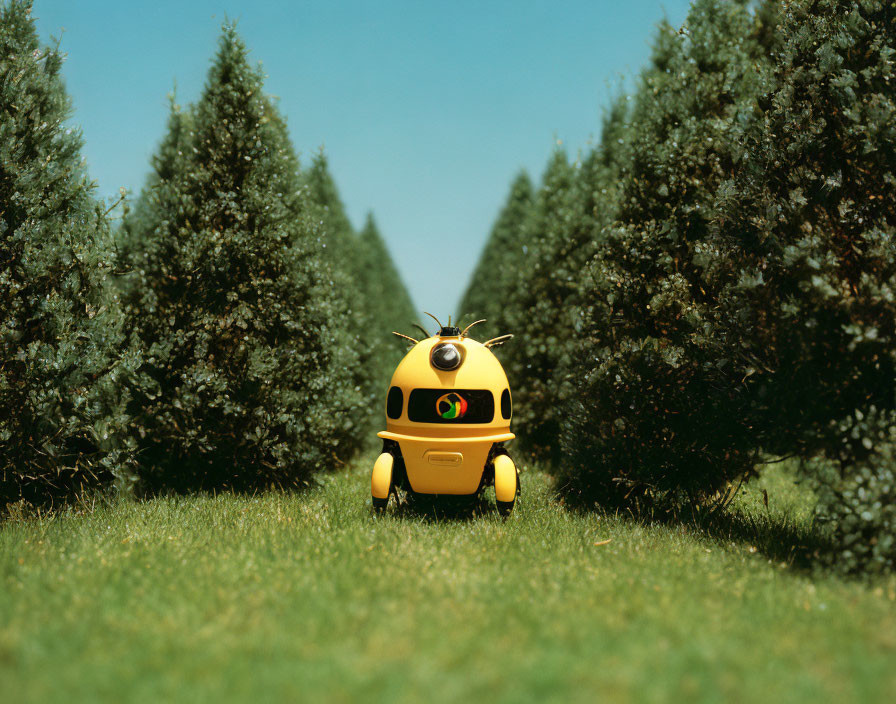 Yellow Robot Standing Among Conifer Trees on Grass