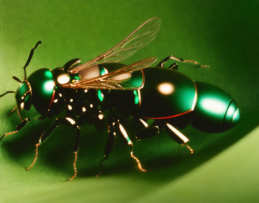 Metallic Green Beetle with Detailed Wing Shimmer on Textured Surface