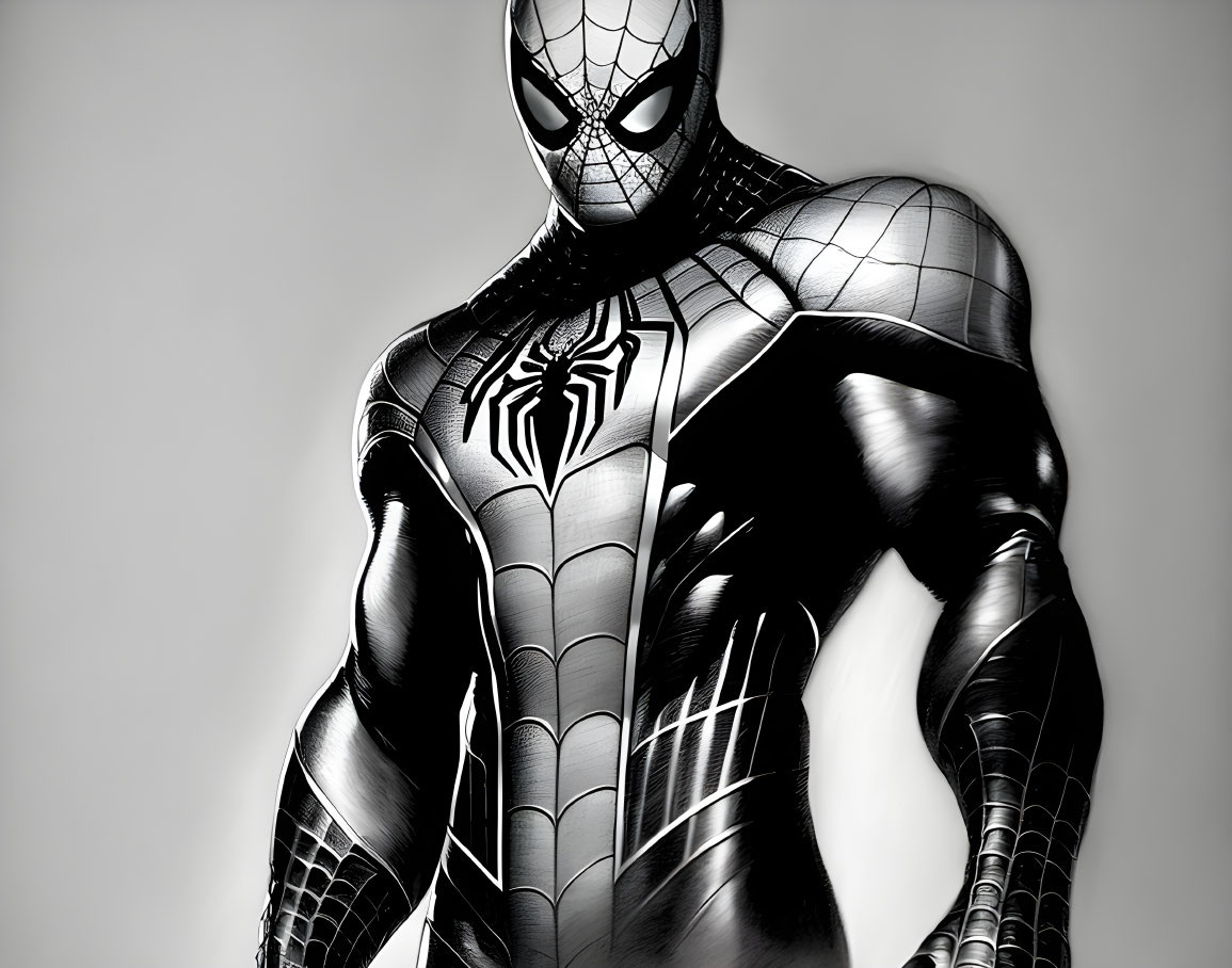 Detailed Spider-Man Costume with Spider Emblem on Gray Background