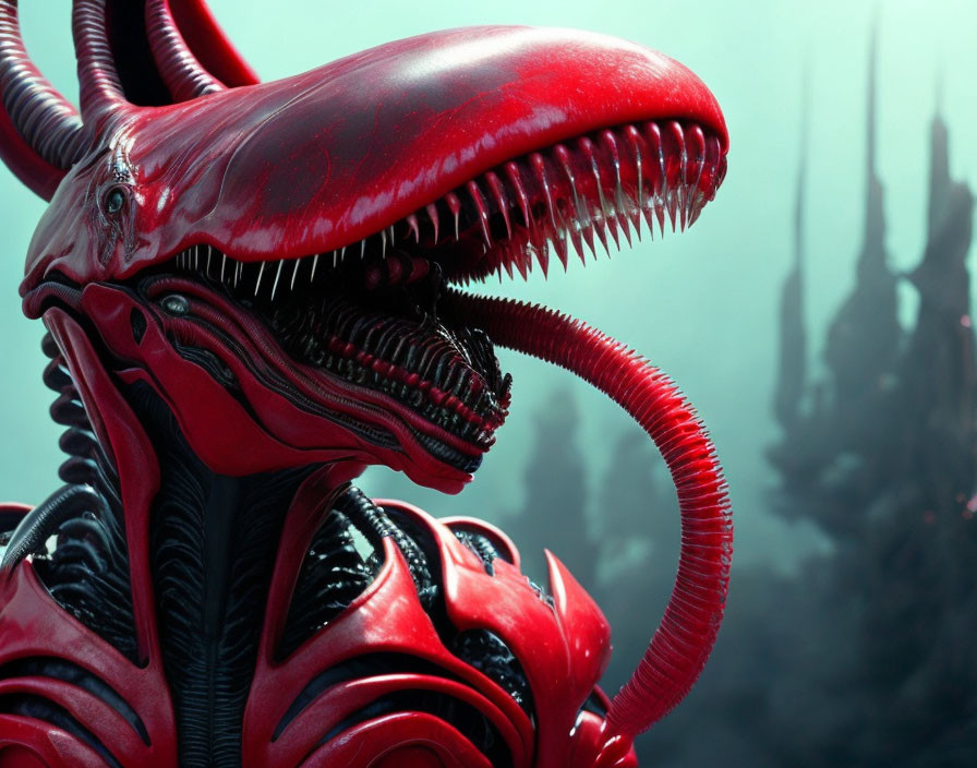 Detailed Red and Black Alien Creature in Ominous Setting