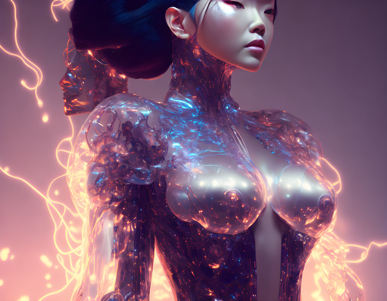 Futuristic female android with transparent illuminated circuits on pink abstract background