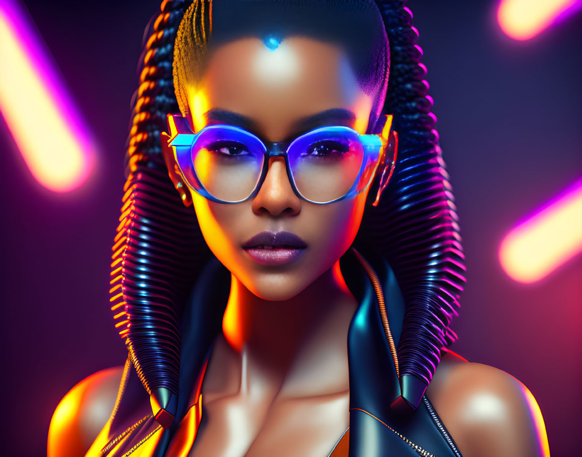 Braided hair woman in neon-lit glasses under purple and blue glow