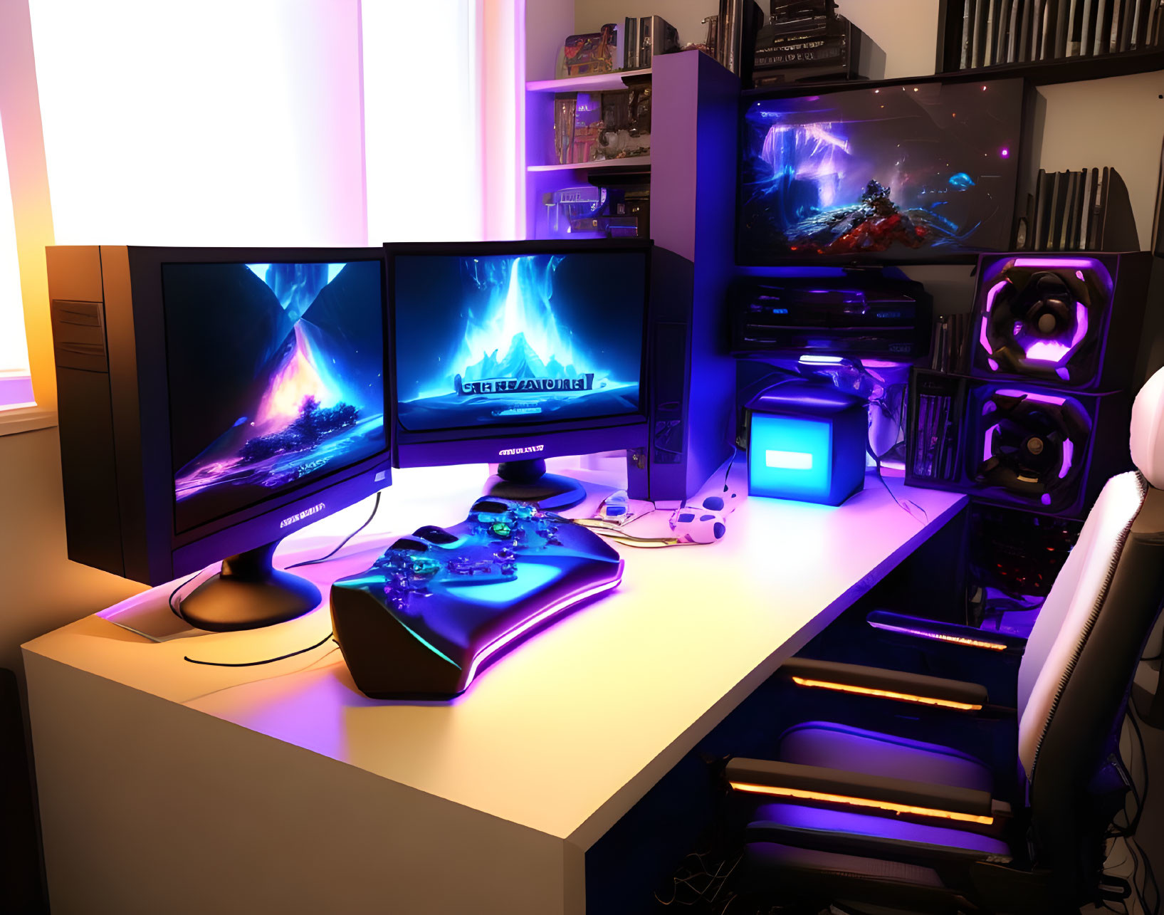 Modern gaming setup with multiple monitors, LED lights, and peripherals