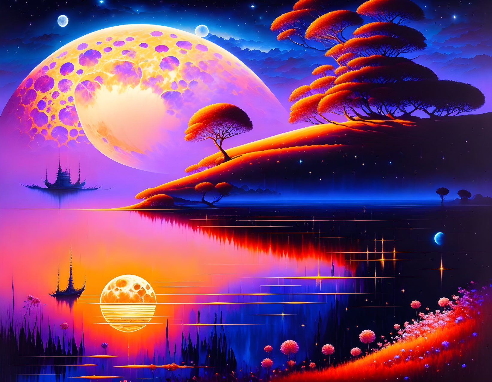 Surreal landscape with moon, red trees, water, and ships