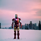 Snowy landscape with Iron Man suit, pink clouds, and rocky formations