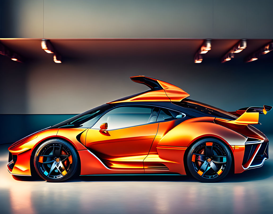 Vibrant orange sports car with aerodynamic design and rear wing.