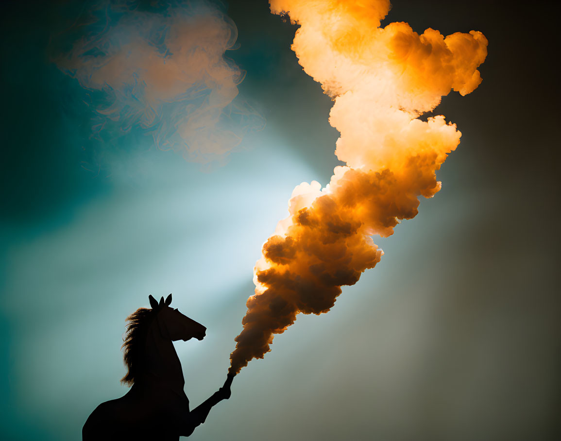 Horse silhouette with fiery smoke on blue-orange gradient.