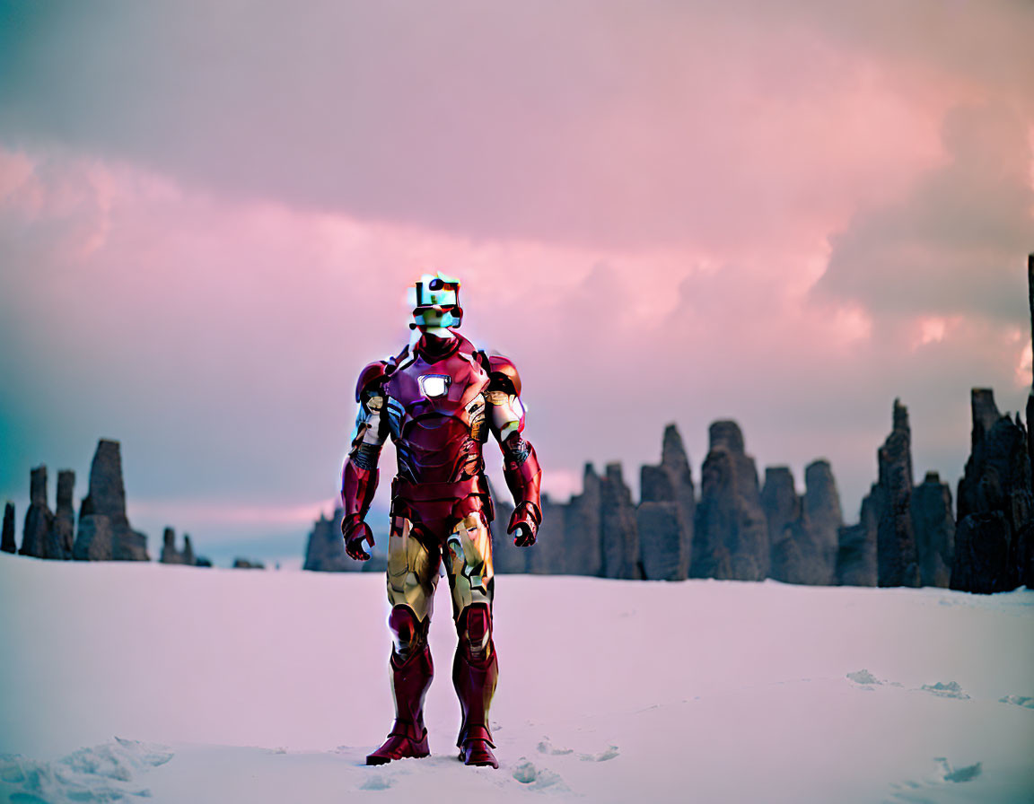 Snowy landscape with Iron Man suit, pink clouds, and rocky formations