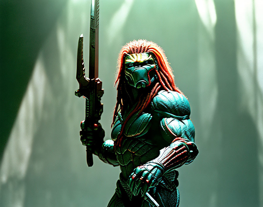 Futuristic warrior with dreadlocks holding a sword in moody green light