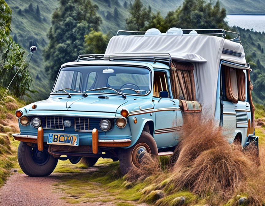 Blue Vintage Camper Van on Grassy Hillside with Lake View