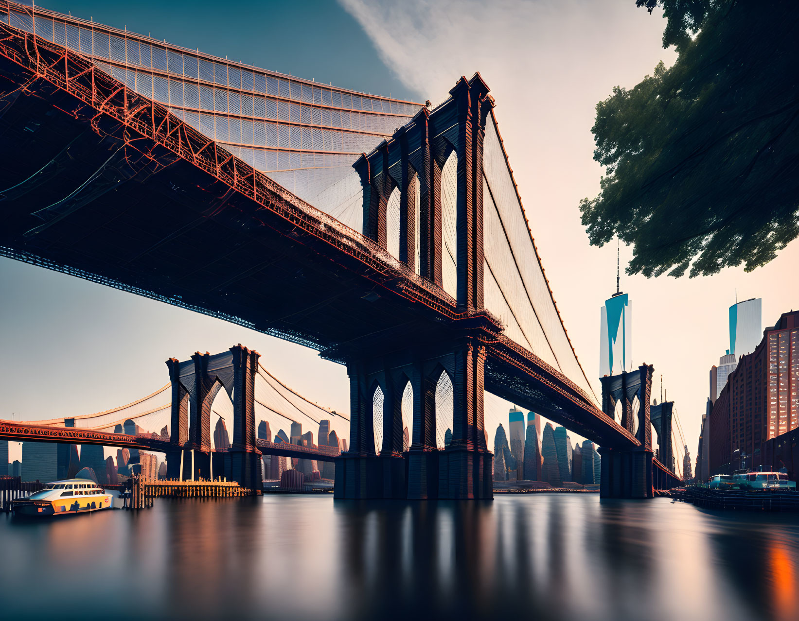 Brooklyn Bridge at Sunset with NYC Skyline Reflection