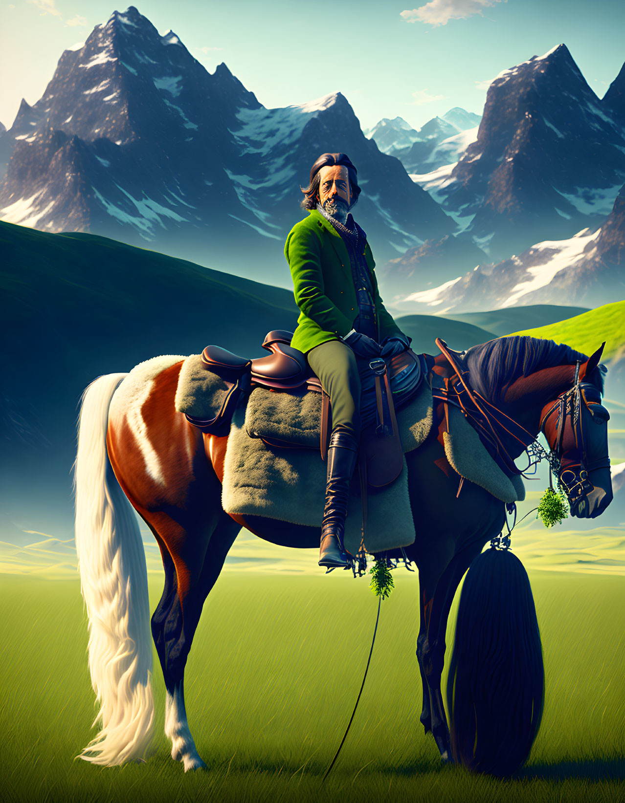 Illustration of bearded figure on horse in green coat amidst mountains.