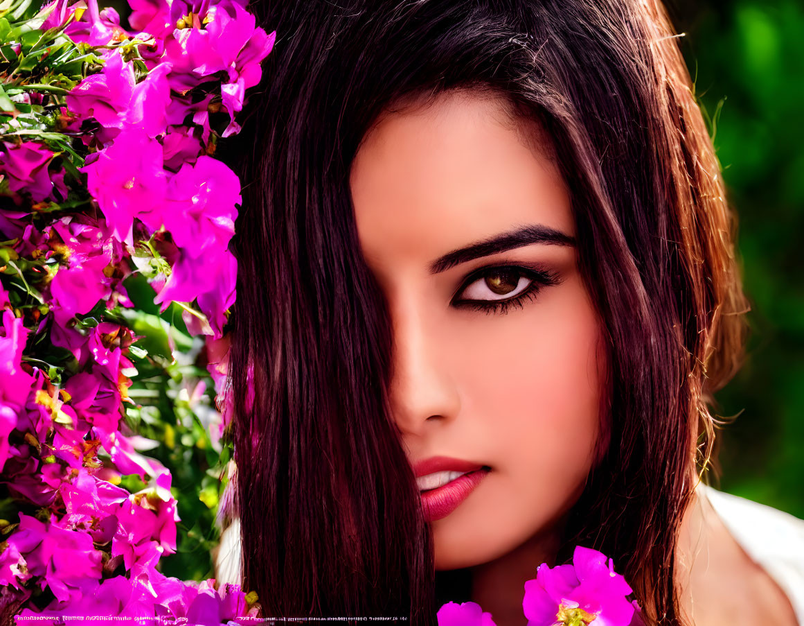 Dark-Haired Woman Peering Through Pink Flowers with Intense Gaze